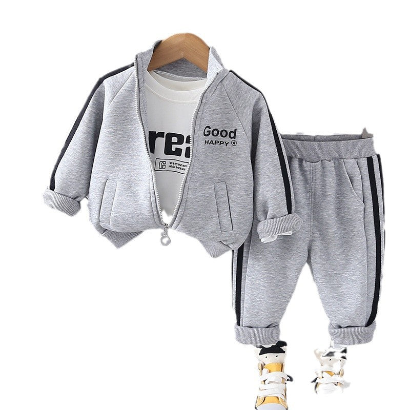 2025 Spring Boys' Letter Zipper Shirt Three-Piece Set - Casual Sportswear