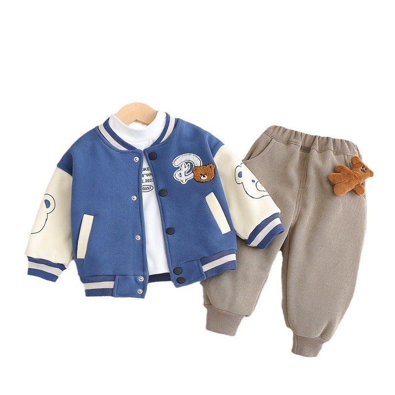 winter new boy baby cartoon fashion casual long-sleeved letter foreign style velvet color matching three-piece set