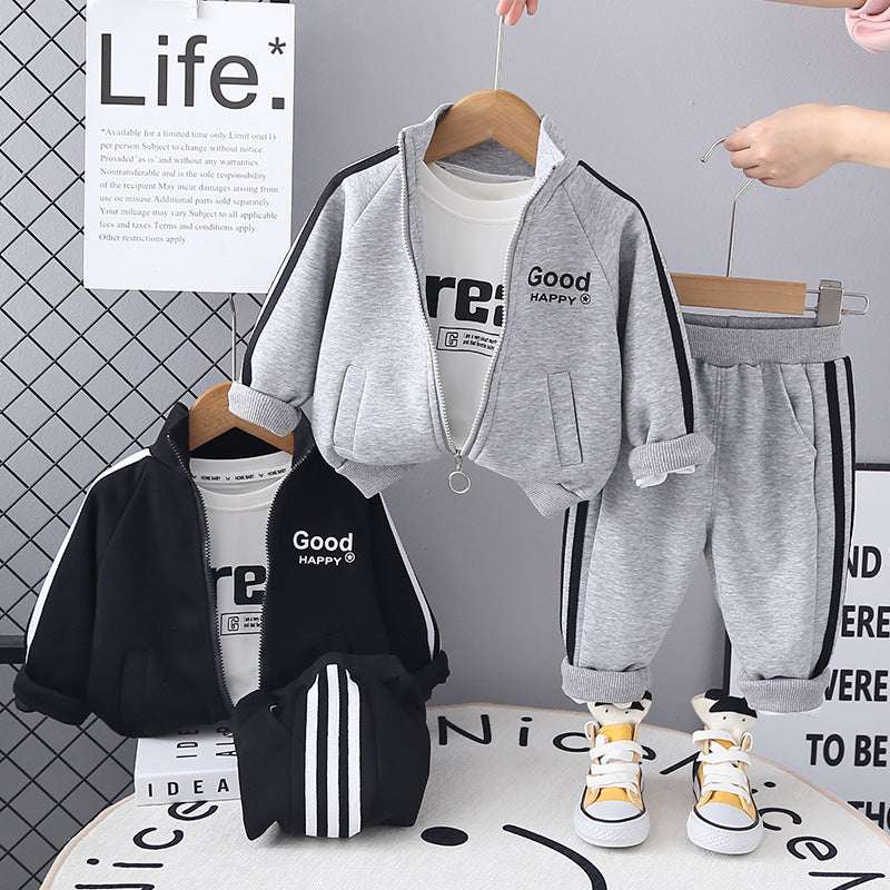 2025 Spring Boys' Letter Zipper Shirt Three-Piece Set - Casual Sportswear