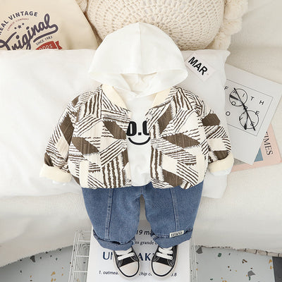 2025 Spring Boys' Jacquard Baseball Jacket Three-Piece Set – Trendy & Comfortable