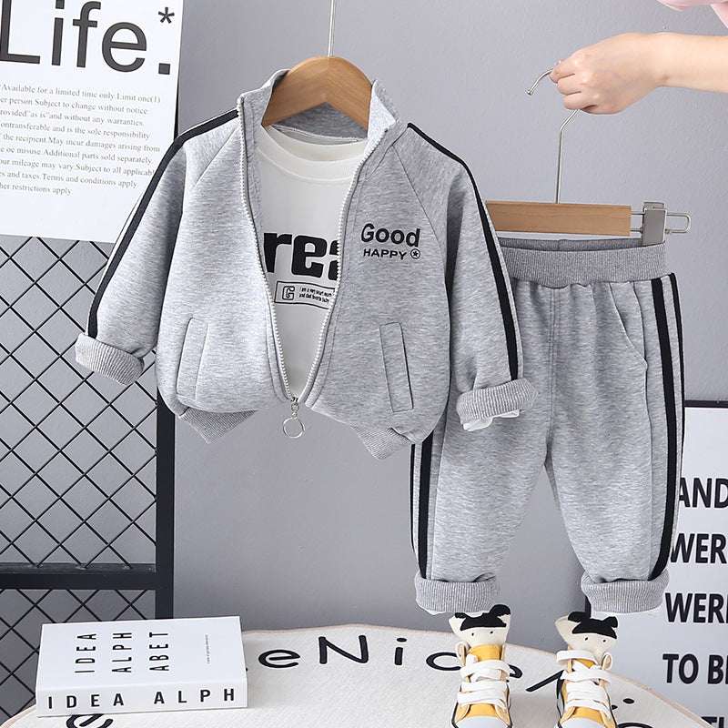 2025 Spring Boys' Letter Zipper Shirt Three-Piece Set - Casual Sportswear