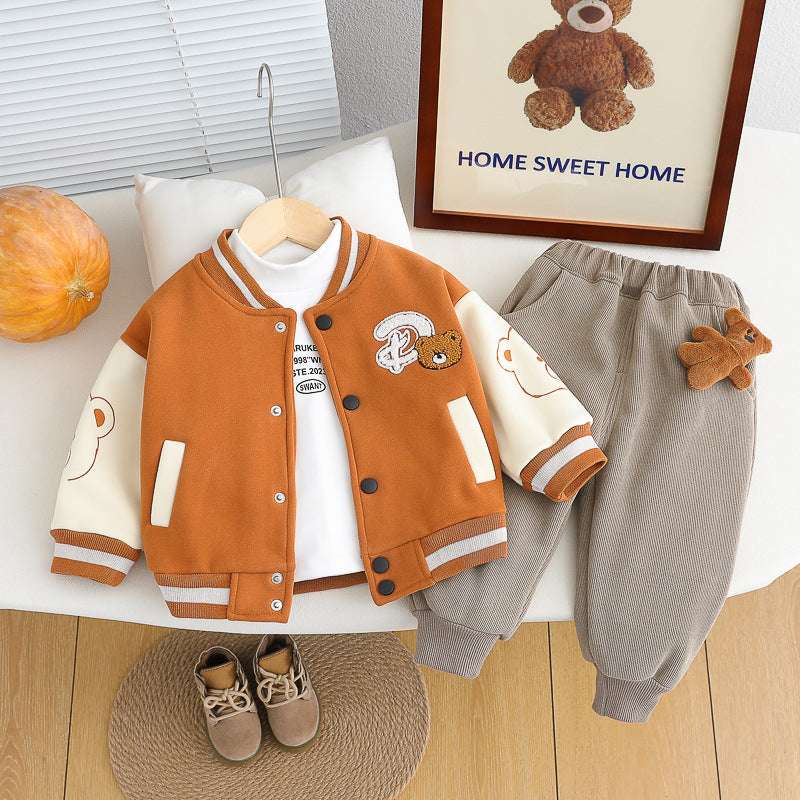 winter new boy baby cartoon fashion casual long-sleeved letter foreign style velvet color matching three-piece set