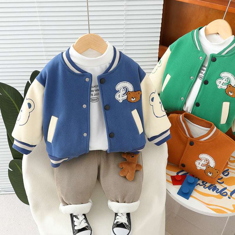 winter new boy baby cartoon fashion casual long-sleeved letter foreign style velvet color matching three-piece set