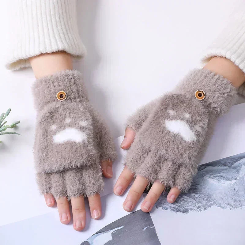 Cartoon Cat Paw Fingerless Flip Mittens – Cozy & Cute