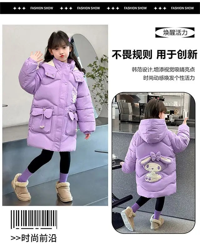 Teen Girls Sanrio My Melody Down Jacket 2024 Winter Fashion Children Hooded Velvet Thicken Princess Coat Kids Clothers Outerwear