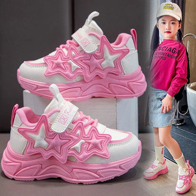 Children Casual Shoes for Girls Fashion Classic with Stars Girls Sports Running Sneakers Breathable PU + Rubber Anti-skid Soft