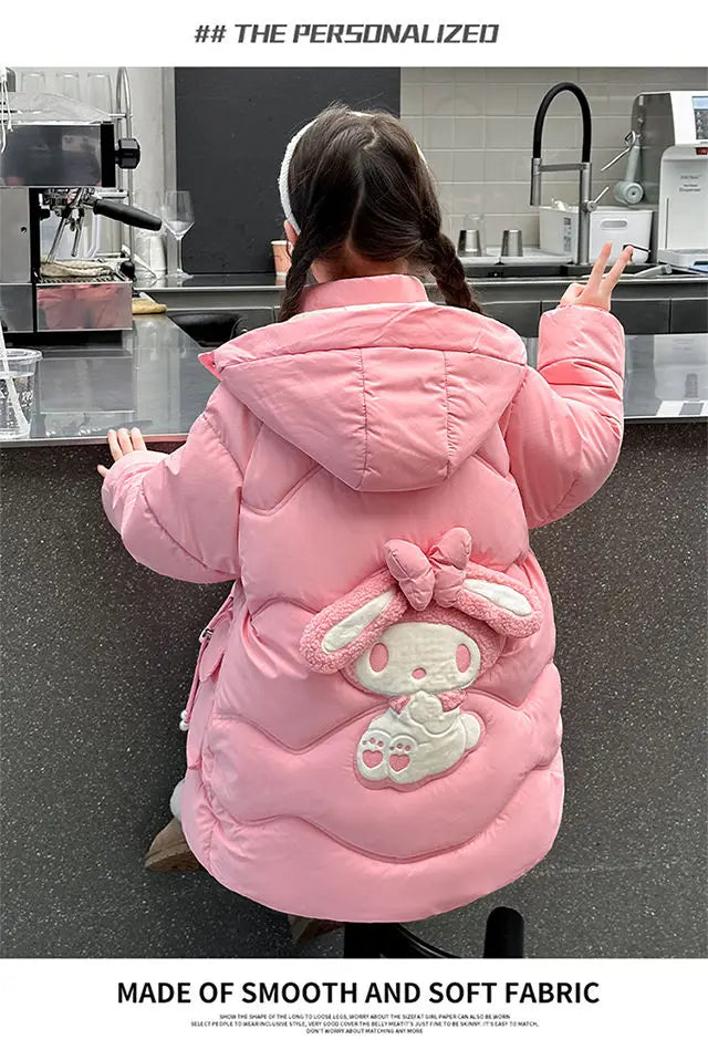 Teen Girls Sanrio My Melody Down Jacket 2024 Winter Fashion Children Hooded Velvet Thicken Princess Coat Kids Clothers Outerwear