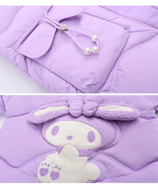 Teen Girls Sanrio My Melody Down Jacket 2024 Winter Fashion Children Hooded Velvet Thicken Princess Coat Kids Clothers Outerwear