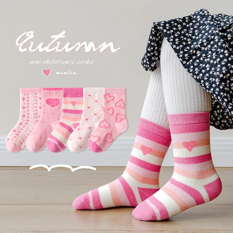 Little Girls Socks Spring Autumn Winter Cotton Socks Baby 1-12T Children's Calf Socks Girl Cartoon Love Pattern 5 Pairs Socks