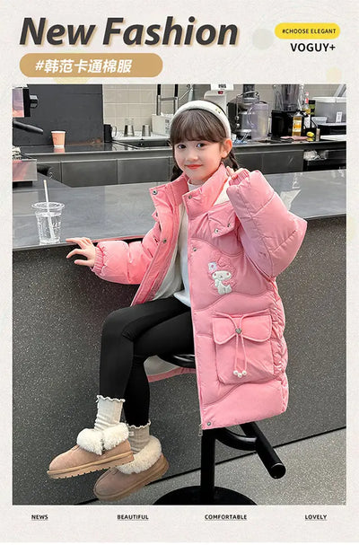 Teen Girls Sanrio My Melody Down Jacket 2024 Winter Fashion Children Hooded Velvet Thicken Princess Coat Kids Clothers Outerwear