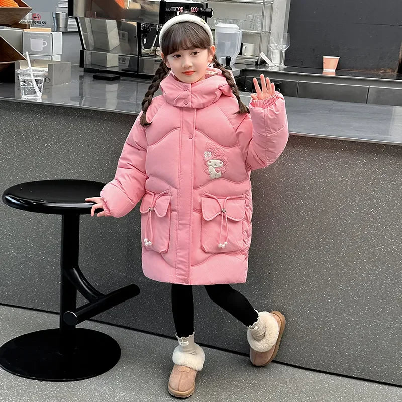 Teen Girls Sanrio My Melody Down Jacket 2024 Winter Fashion Children Hooded Velvet Thicken Princess Coat Kids Clothers Outerwear