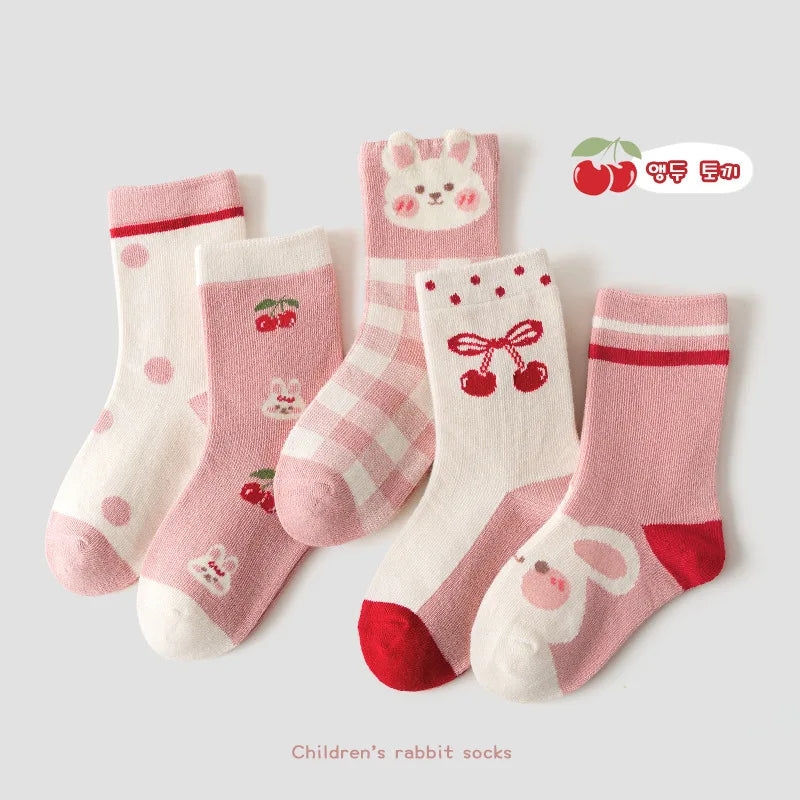 Little Girls Socks Spring Autumn Winter Cotton Socks Baby 1-12T Children's Calf Socks Girl Cartoon Love Pattern 5 Pairs Socks