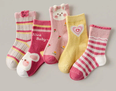 Little Girls Socks Spring Autumn Winter Cotton Socks Baby 1-12T Children's Calf Socks Girl Cartoon Love Pattern 5 Pairs Socks