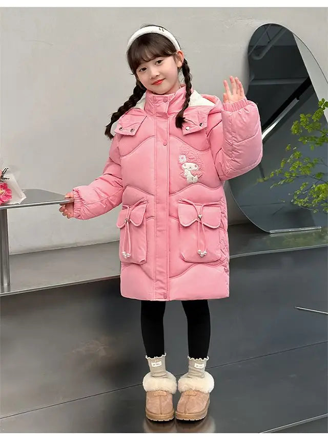 Teen Girls Sanrio My Melody Down Jacket 2024 Winter Fashion Children Hooded Velvet Thicken Princess Coat Kids Clothers Outerwear