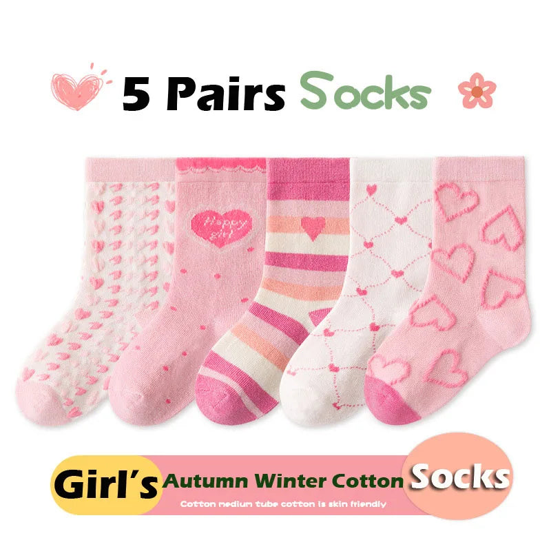 Little Girls Socks Spring Autumn Winter Cotton Socks Baby 1-12T Children's Calf Socks Girl Cartoon Love Pattern 5 Pairs Socks