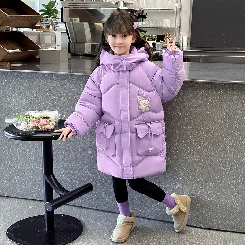 Teen Girls Sanrio My Melody Down Jacket 2024 Winter Fashion Children Hooded Velvet Thicken Princess Coat Kids Clothers Outerwear