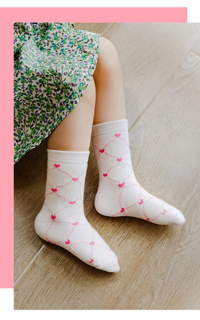 Little Girls Socks Spring Autumn Winter Cotton Socks Baby 1-12T Children's Calf Socks Girl Cartoon Love Pattern 5 Pairs Socks