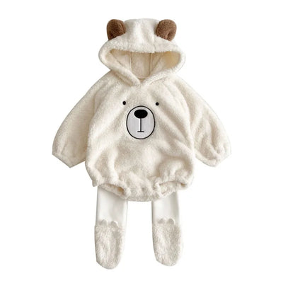 Autumn and Winter Cute Bear Boys Girls Bodysuit Warm Double-sided Plush Baby Triangle Climbing Suit