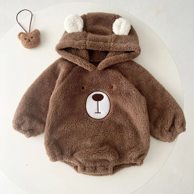 Autumn and Winter Cute Bear Boys Girls Bodysuit Warm Double-sided Plush Baby Triangle Climbing Suit