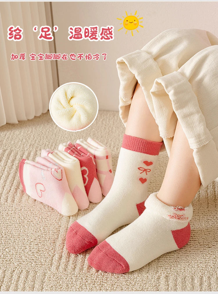 5Pairs 1-16Years Terry Socks for Girl Sweet Love Winter Children's Warm Socks Boutique Kids Clothing Soft Thickened  Fabric