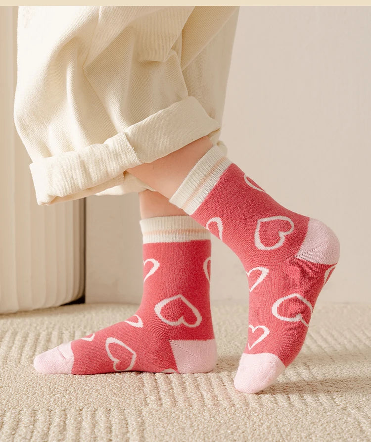 5Pairs 1-16Years Terry Socks for Girl Sweet Love Winter Children's Warm Socks Boutique Kids Clothing Soft Thickened  Fabric