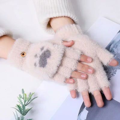 Cartoon Cat Paw Fingerless Flip Mittens – Cozy & Cute