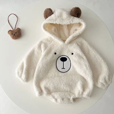 Autumn and Winter Cute Bear Boys Girls Bodysuit Warm Double-sided Plush Baby Triangle Climbing Suit