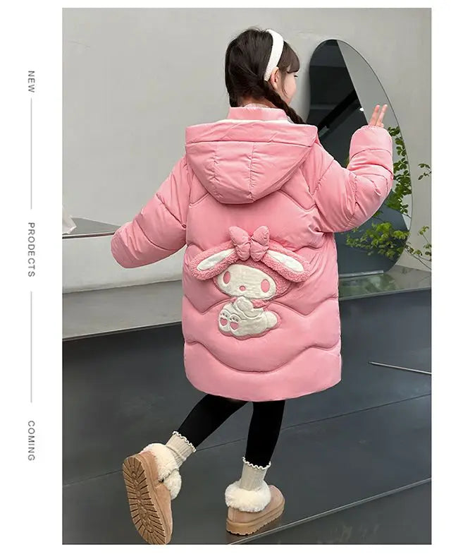 Teen Girls Sanrio My Melody Down Jacket 2024 Winter Fashion Children Hooded Velvet Thicken Princess Coat Kids Clothers Outerwear