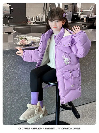 Teen Girls Sanrio My Melody Down Jacket 2024 Winter Fashion Children Hooded Velvet Thicken Princess Coat Kids Clothers Outerwear