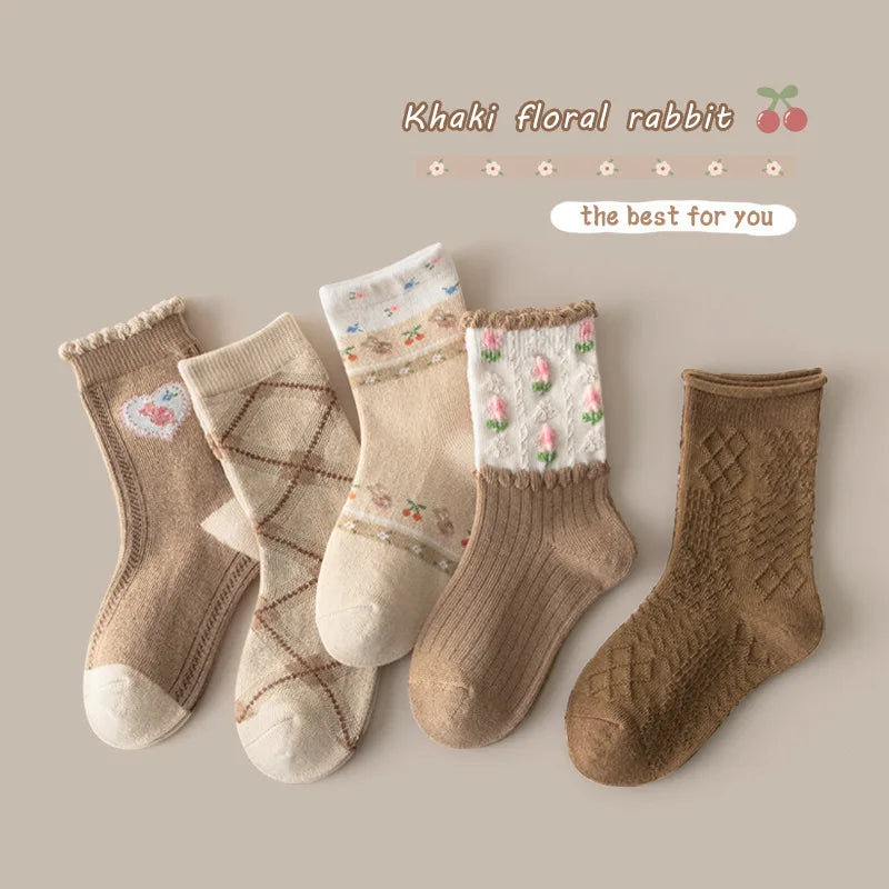 Little Girls Socks Spring Autumn Winter Cotton Socks Baby 1-12T Children's Calf Socks Girl Cartoon Love Pattern 5 Pairs Socks