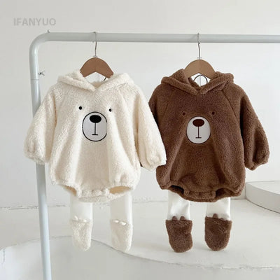 Autumn and Winter Cute Bear Boys Girls Bodysuit Warm Double-sided Plush Baby Triangle Climbing Suit