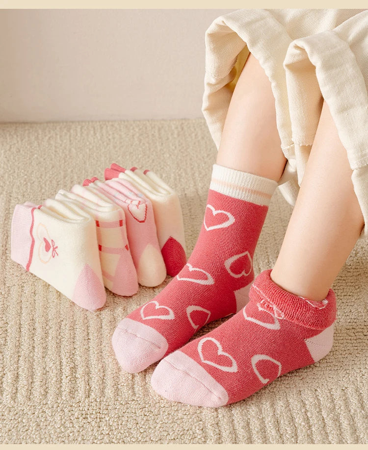 5Pairs 1-16Years Terry Socks for Girl Sweet Love Winter Children's Warm Socks Boutique Kids Clothing Soft Thickened  Fabric