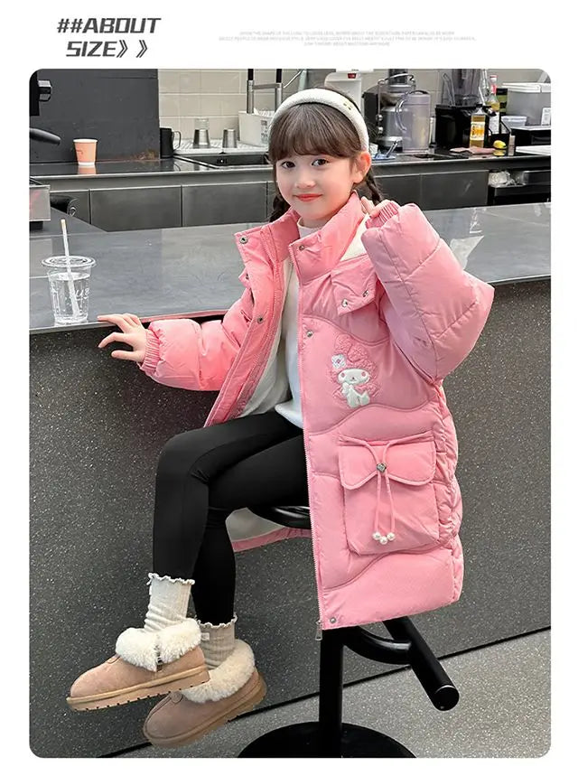 Teen Girls Sanrio My Melody Down Jacket 2024 Winter Fashion Children Hooded Velvet Thicken Princess Coat Kids Clothers Outerwear