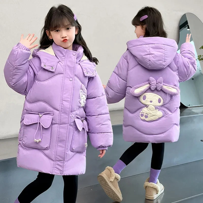 Teen Girls Sanrio My Melody Down Jacket 2024 Winter Fashion Children Hooded Velvet Thicken Princess Coat Kids Clothers Outerwear