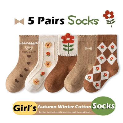 Little Girls Socks Spring Autumn Winter Cotton Socks Baby 1-12T Children's Calf Socks Girl Cartoon Love Pattern 5 Pairs Socks