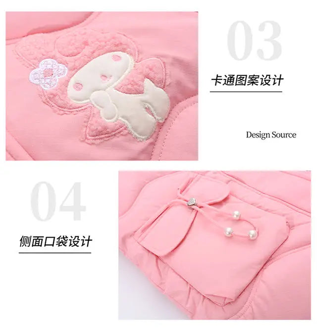 Teen Girls Sanrio My Melody Down Jacket 2024 Winter Fashion Children Hooded Velvet Thicken Princess Coat Kids Clothers Outerwear