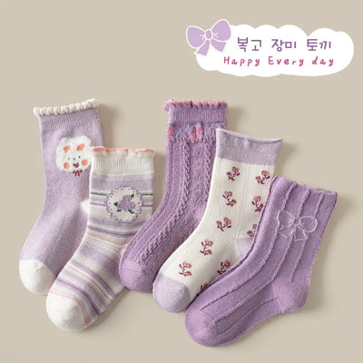 Little Girls Socks Spring Autumn Winter Cotton Socks Baby 1-12T Children's Calf Socks Girl Cartoon Love Pattern 5 Pairs Socks