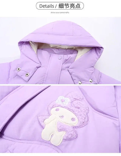 Teen Girls Sanrio My Melody Down Jacket 2024 Winter Fashion Children Hooded Velvet Thicken Princess Coat Kids Clothers Outerwear