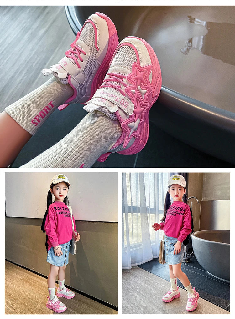 Children Casual Shoes for Girls Fashion Classic with Stars Girls Sports Running Sneakers Breathable PU + Rubber Anti-skid Soft