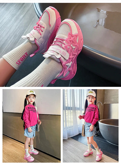 Children Casual Shoes for Girls Fashion Classic with Stars Girls Sports Running Sneakers Breathable PU + Rubber Anti-skid Soft