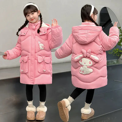 Teen Girls Sanrio My Melody Down Jacket 2024 Winter Fashion Children Hooded Velvet Thicken Princess Coat Kids Clothers Outerwear