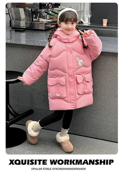 Teen Girls Sanrio My Melody Down Jacket 2024 Winter Fashion Children Hooded Velvet Thicken Princess Coat Kids Clothers Outerwear