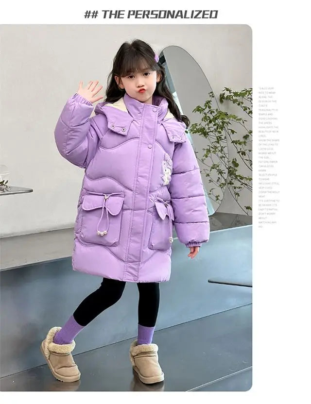 Teen Girls Sanrio My Melody Down Jacket 2024 Winter Fashion Children Hooded Velvet Thicken Princess Coat Kids Clothers Outerwear