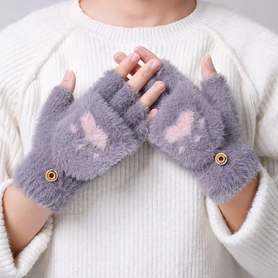 Cartoon Cat Paw Fingerless Flip Mittens – Cozy & Cute