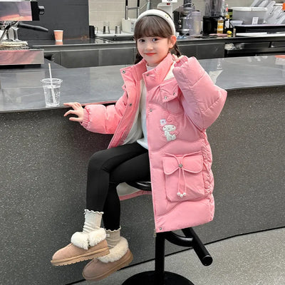 Teen Girls Sanrio My Melody Down Jacket 2024 Winter Fashion Children Hooded Velvet Thicken Princess Coat Kids Clothers Outerwear