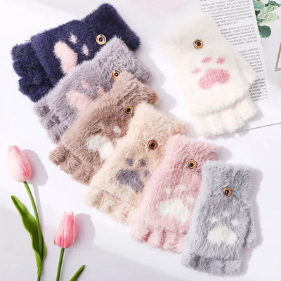 Cartoon Cat Paw Fingerless Flip Mittens – Cozy & Cute