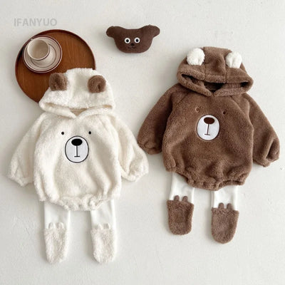 Autumn and Winter Cute Bear Boys Girls Bodysuit Warm Double-sided Plush Baby Triangle Climbing Suit