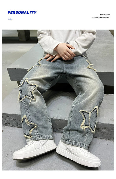 Boys' Casual Patchwork Jeans - Wide-Leg &amp; Raw Edge Design