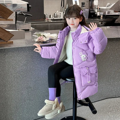 Teen Girls Sanrio My Melody Down Jacket 2024 Winter Fashion Children Hooded Velvet Thicken Princess Coat Kids Clothers Outerwear