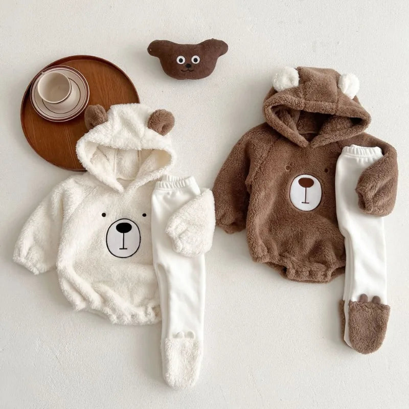 Autumn and Winter Cute Bear Boys Girls Bodysuit Warm Double-sided Plush Baby Triangle Climbing Suit